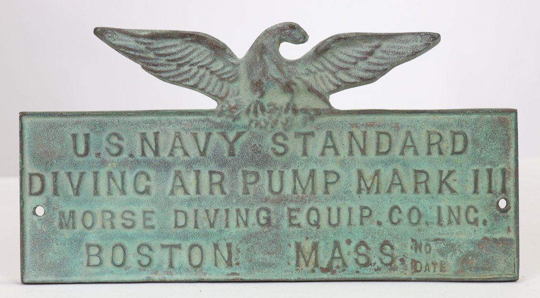 Morse Diving Equipment US Navy Mark III Air Pump Plaque: Very impressive original brass US Navy Standard Diving Air Pump Mark III plaque. Probably dates to the World War 2 time period, does not have a serial number or dated stamped on it. Measures 9 inches 