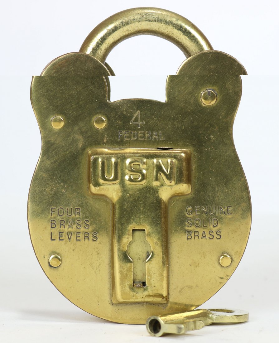US Navy Brass Divers Air Pump Lock w/ Key: Found attached to an antique air pump cabinet. Marked USN with the number 4 FEDERAL stamped at the top. Also stamped into the face of the lock is FOUR BRASS LEVERS and GENUINE SOLID BRASS. Key is pres