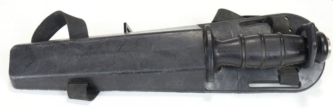 NATO Underwater Combat Broadsword Blade Dive Knife: Circa 1980's NATO unused New Old Stock (NOS) in original sheath with NATO asset coding numbers on the sheath and knife handle. Serrated and straight edge, never sharpened. Rubber sheath and knife hand