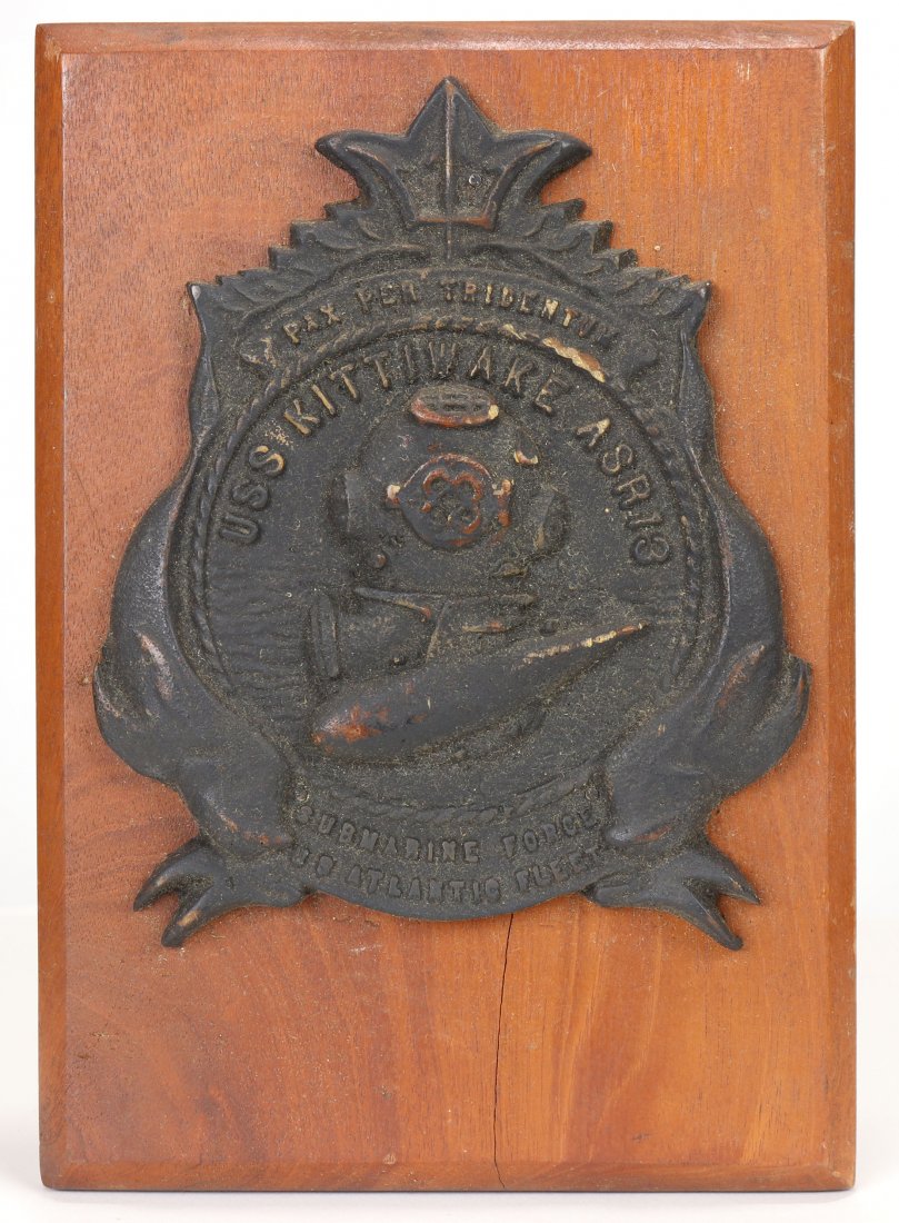 Vintage USS Kittiwake ASR 13 Submarine Plaque: Impressive painted resin plaque mounted to wood back. Wood measures 10 inches tall by 7 inches wide, crack on bottom half.