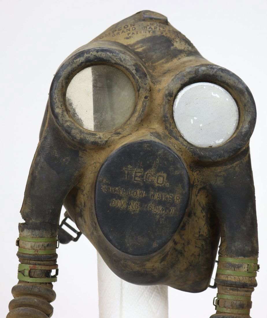 Shallow Water TECO Rubber Diving Helmet Mask WWII: Made by Thompson Engineering Company during World War 2. This type of shallow water helmet TECO mask was used in place of traditional shallow water copper & brass helmets. A mask like this was obvious