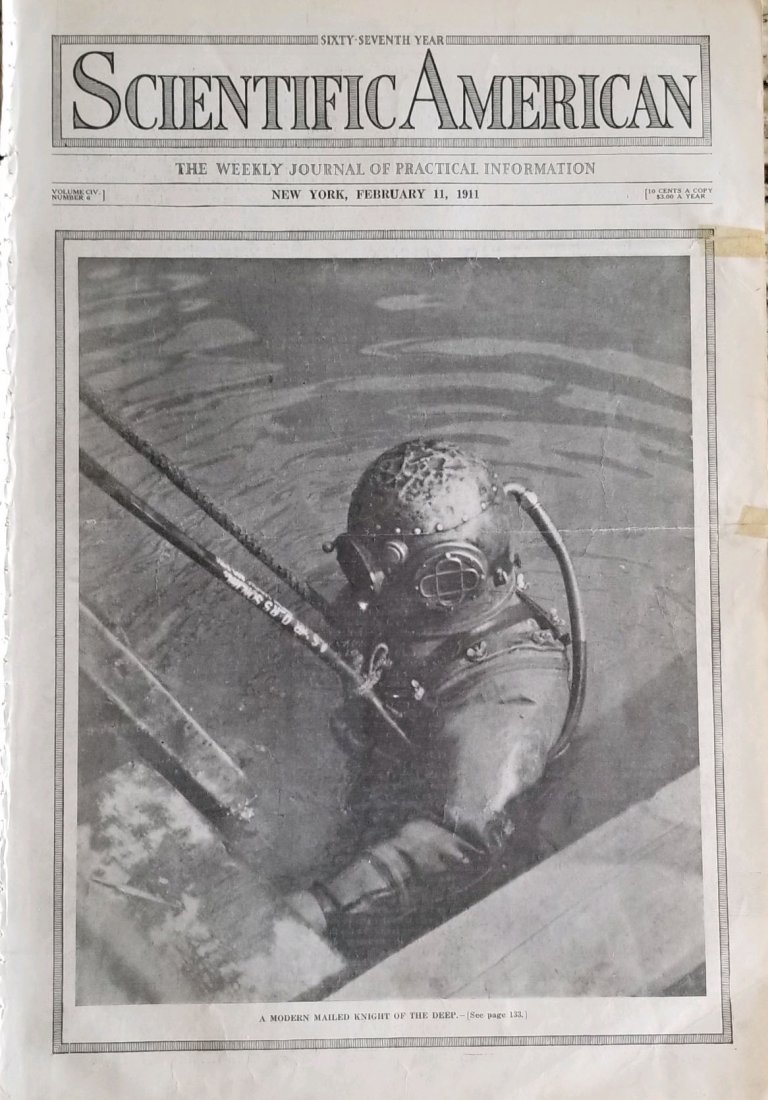Scientific American Magazine Diver On Cover 1911: Incredible original issue of Scientific American magazine dated February 11th, 1911. Cover features A Modern Mailed Knight of the Deep Measures 15.5 inches by 11 inches in size, excellent piece for fr