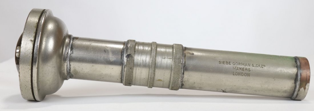 Siebe Gorman & Co Divers Underwater Flashlight: Nice original condition Siebe Gorman & Co Ltd flashlight. Piece is clearly marked with company information. Near the glass lens it is stamped A.P. 4456. The end of the light is also stamped MID/C Elec