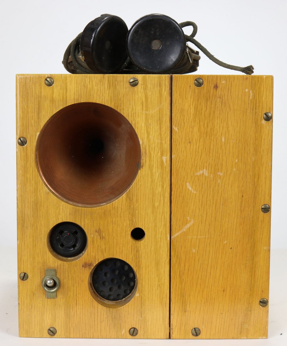 Single Diver Wood Communications Box: Very nice, possibly unused divers communication box. Measures 9 inches x 8 inches x8.5 inches in size. Vintage headphone included.