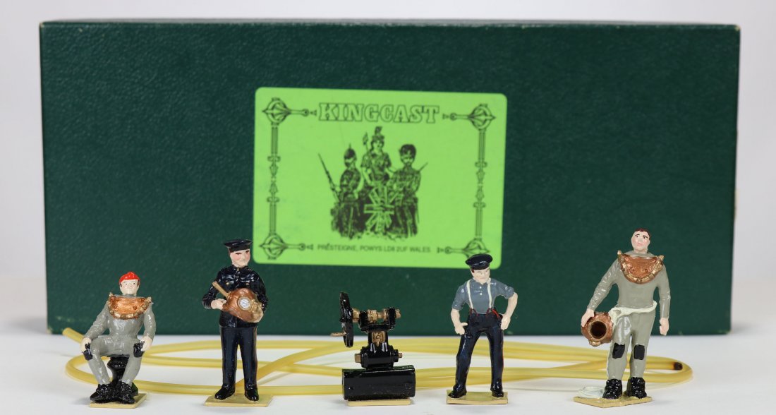 Kingcast Diver Figures Set New In Box - Wales: Very detailed and charming brand-new set in the box of divers, tenders and a air pump with hose! This Kingcast set is BA 34. Each piece is like new in mint condition! The tallest piece measures 2.25 i