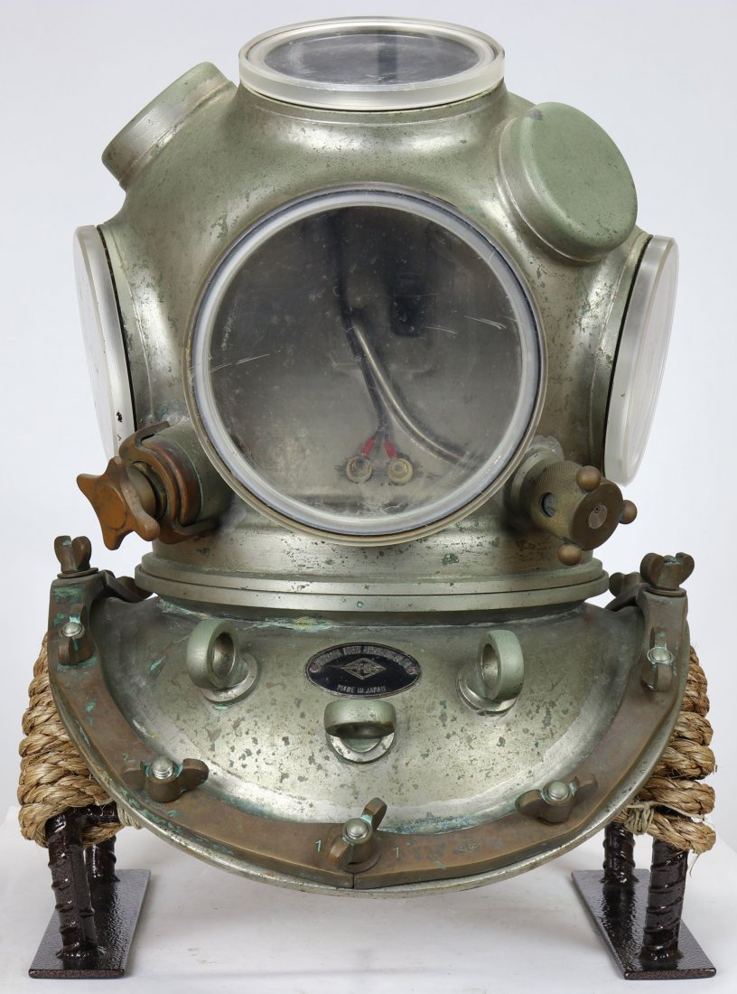 Yokohama 4 Light 12 Bolt Custom Diving Helmet w History: Very impressive custom ordered Yokohama diving helmet. This 4 light 12 bolt example was ordered directly from Yokohama by the HJ Merrihue Diving Company in New Orleans, Louisiana in the early 1970s. T
