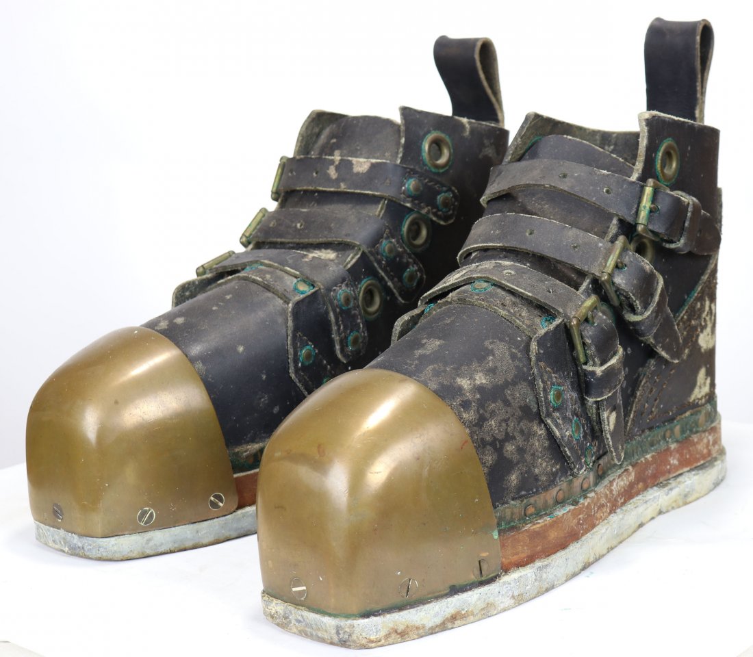 Heavy Leather Standard Pattern Diving Boots: Wonderful pair of matching standard pattern diving boots. This style was featured in many of the manufacturers catalogs, namely A.J. Morse. Boots are made of heavy leather, brass toe, wood sole and le