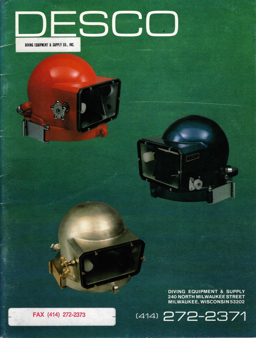 Diving Equipment & Supply DESCO Catalog 1980: Nice catalog from 1980 from the Diving Equipment & Supply Company in Milwaukee, WI (DESCO). Full of all their equipment and related parts, pumps, Mark V, Jack Browne, Free Flow helmet, etc., great ref