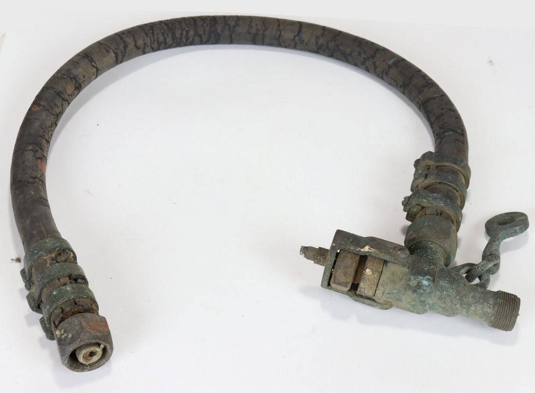 Diving Helmet Whip & Air Control Valve - Schrader: Old well used air control valve and connected whip. Air control valve has Schrader stamped on it. No information on rubber hose. Air control valve missing adjusting wheel.