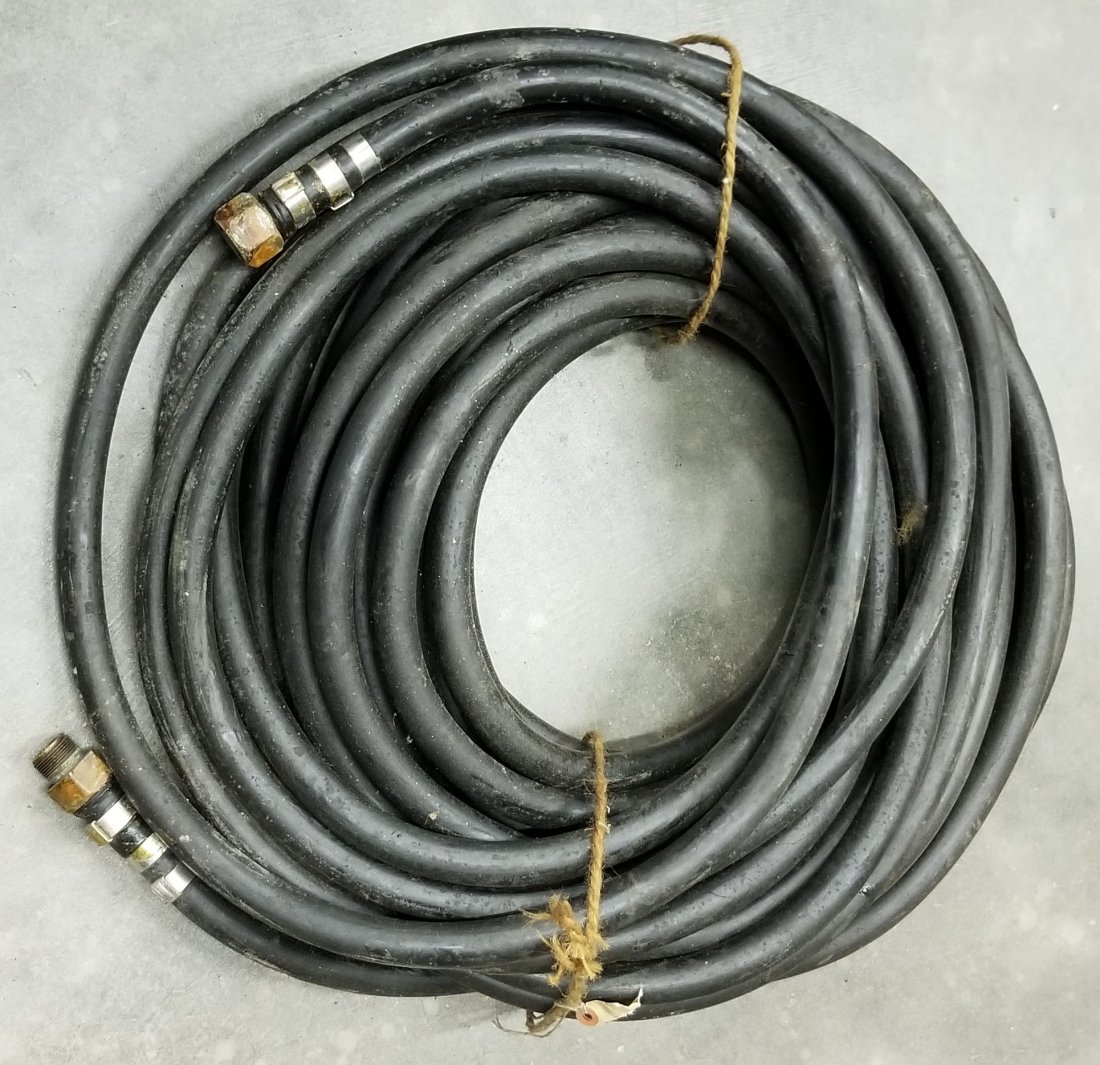 100 Feet Mark 12 Helmet Air Supply Hose W Fittings 1982: 100 feet of original air supply hose used with the Mark 12 system. There is a tag present indicating it was last inspected in August 1982. We are selling this hose for collectible purposes only and it