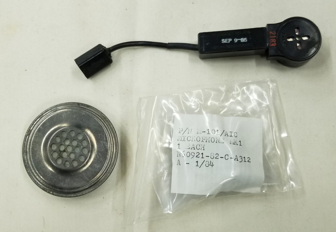 Mark 12 Diving Helmet Microphone / Speaker Lot: Lot of 3 items related to Mark V diving helmet. One speaker and two microphones - one microphone is new old stock in package. All items untested.