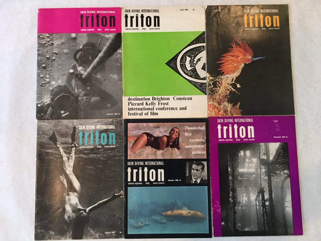 1965 Triton Magazine Complete Year BSAC Journal: 1965 Triton magazine complete year. British Sub Aqua Club (BSAC) Journal. James Bond and Thunderball and in some of these issue, including a cover. Very early diving magazines that regularly featured 