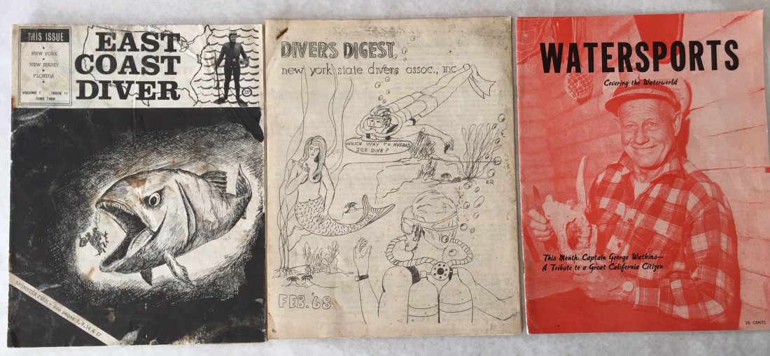 Vintage New York and California Scuba Magazines: Divers Digest. New York State Divers Assoc. Inc. February 1968 typed, corner staples 24 pages, East Coast Diver Volume 1 issue 11, June 1969, Watersports, Volume 1, No 5-6, March/April 1955, Santa Mon