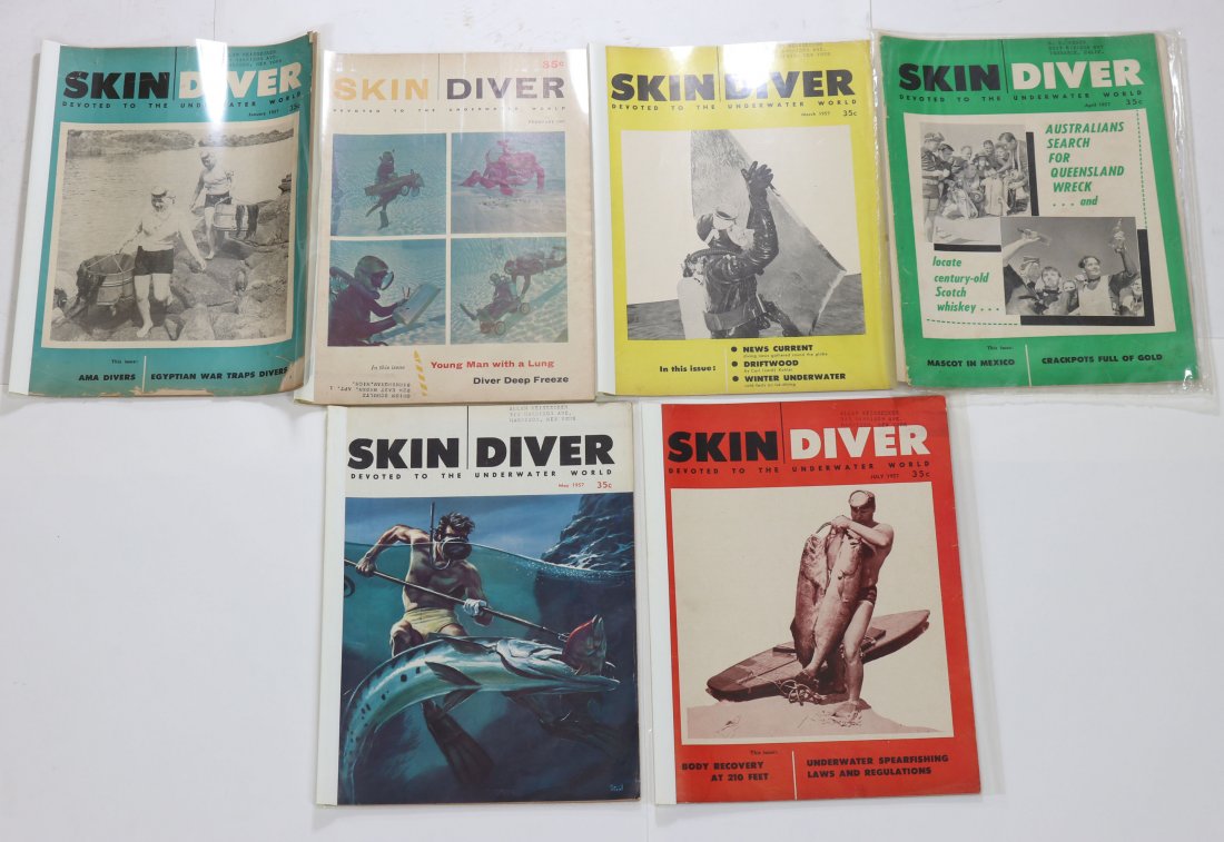 1957 Skin Diver Magazines 11 Months: Entire year of 1957 run of the classic Skin Diver magazine minus the month of June. This year and others in the auction from a long-time collection. It should be assumed all covers and interior page h