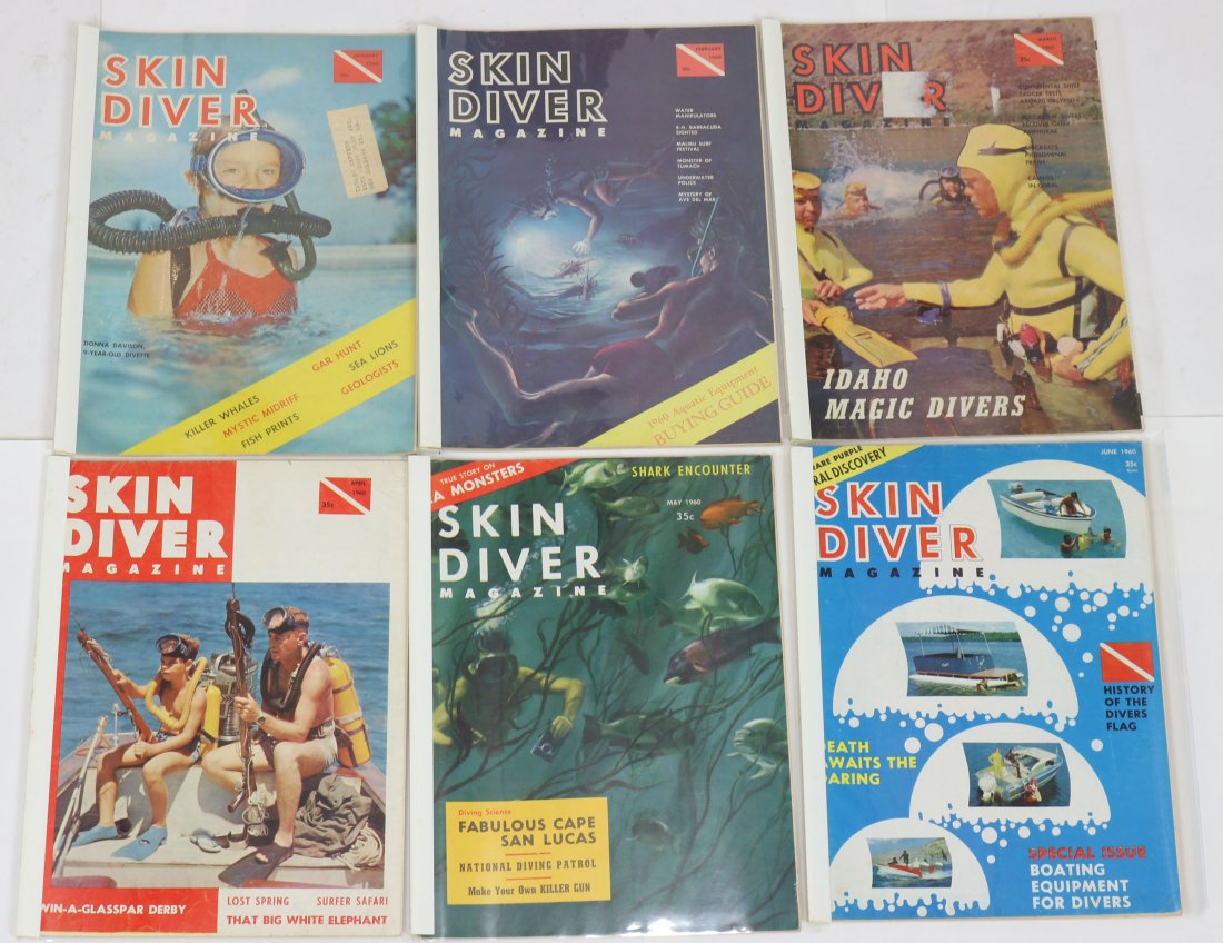 Entire Year of 1960 Skin Diver Magazines: Entire year of 1960 run of the classic Skin Diver magazine. This year and others in the auction from a long-time collection. It should be assumed all covers and interior page have signs of wear & age.
