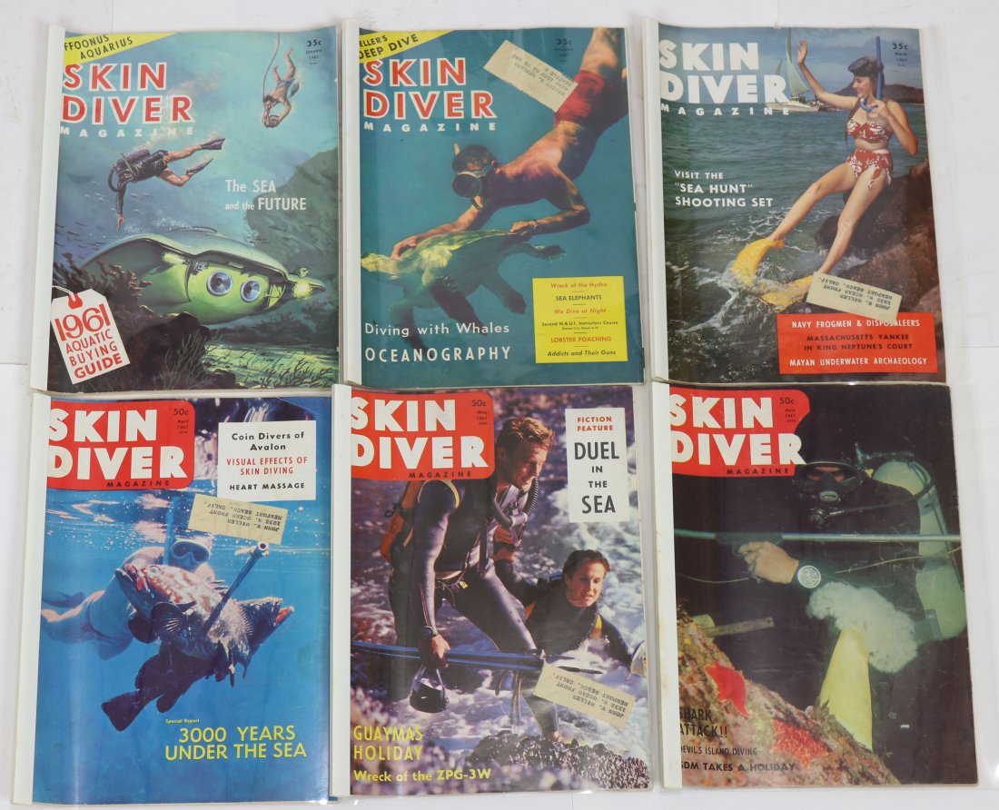 Entire Year of 1961 Skin Diver Magazines: Entire year of 1961 run of the classic Skin Diver magazine. This year and others in the auction from a long-time collection. It should be assumed all covers and interior page have signs of wear & age.