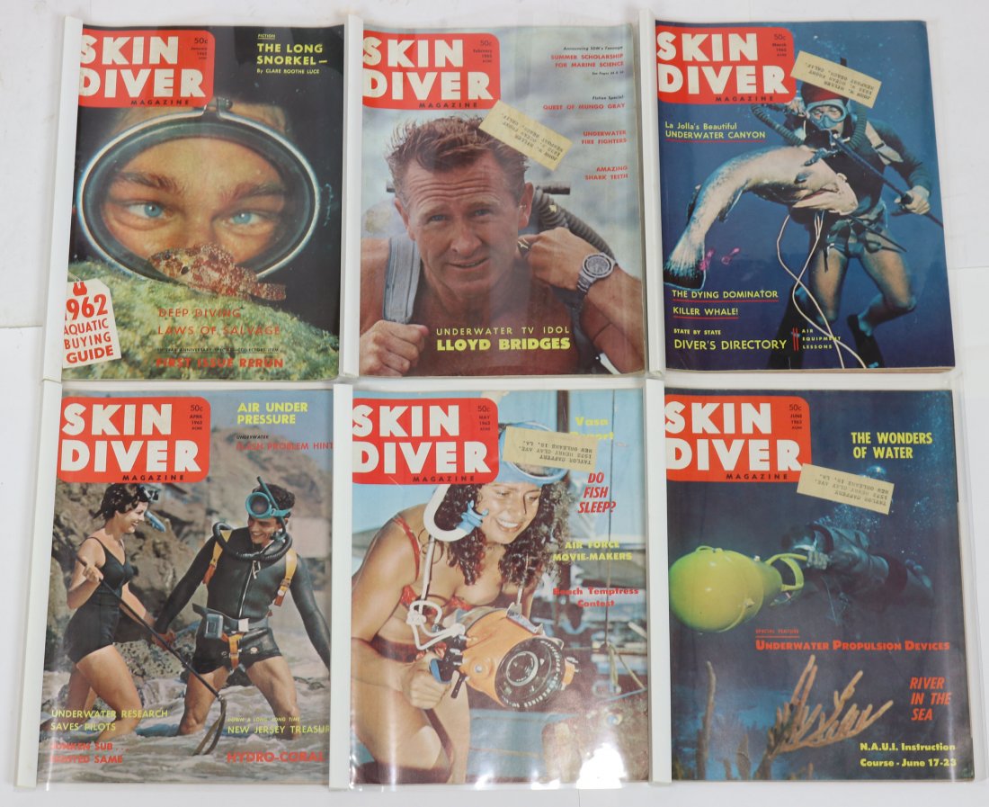 Entire Year of 1962 Skin Diver Magazines: Entire year of 1962 run of the classic Skin Diver magazine. This year and others in the auction from a long-time collection. It should be assumed all covers and interior page have signs of wear & age.