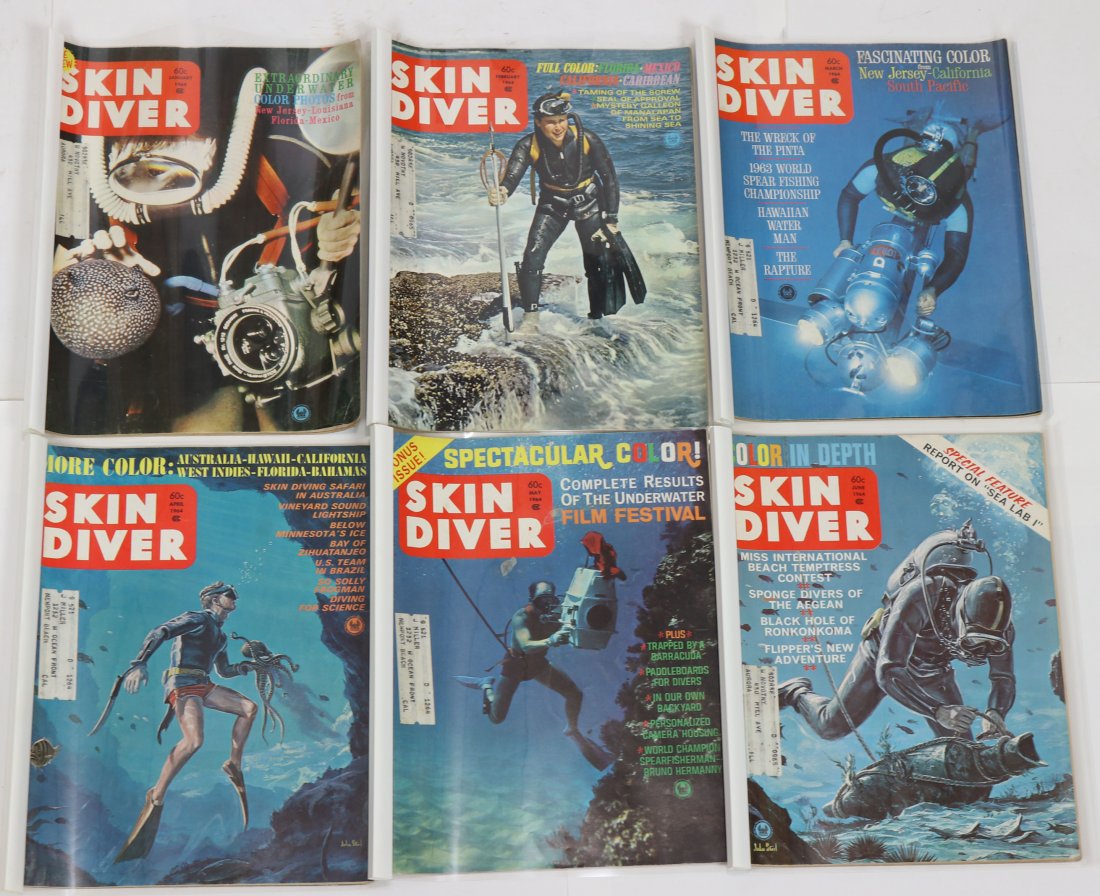 Entire Year of 1964 Skin Diver Magazines: Entire year of 1964 run of the classic Skin Diver magazine. This year and others in the auction from a long-time collection. It should be assumed all covers and interior page have signs of wear & age.