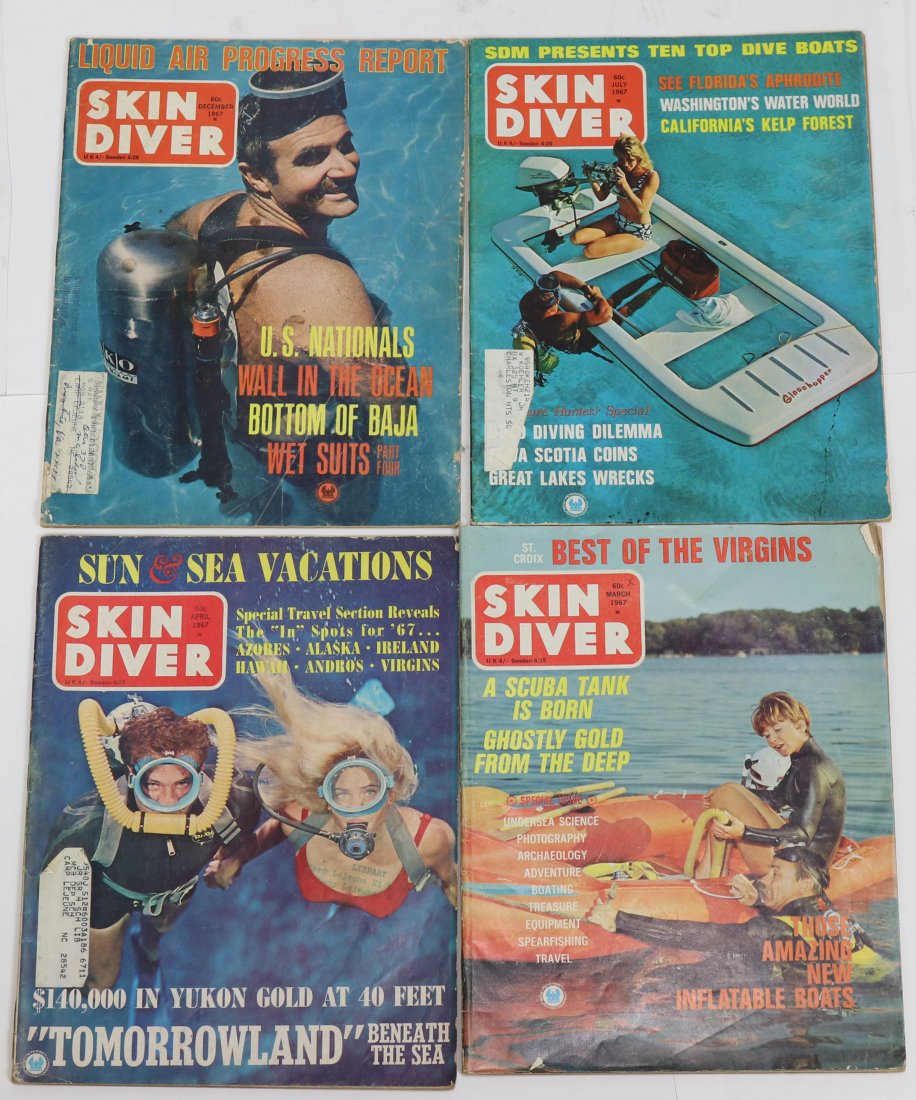 1967 Skin Diver Magazines April, March, July & December: 1967 Skin Diver magazine lot containing April, March, July and December. This year and others in the auction from a long-time collection. It should be assumed all covers and interior page have signs o