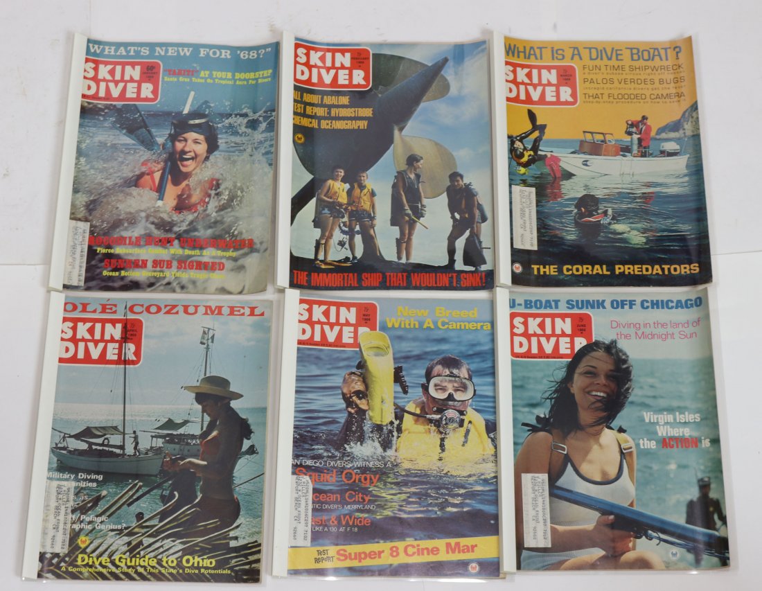 Entire Year of 1968 Skin Diver Magazines: Entire year of 1968 run of the classic Skin Diver magazine. This year and others in the auction from a long-time collection. It should be assumed all covers and interior page have signs of wear & age.
