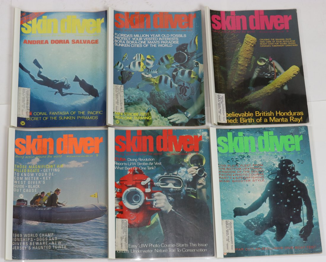 Entire Year of 1970 Skin Diver Magazines: Entire year of 1970 run of the classic Skin Diver magazine. This year and others in the auction from a long-time collection. It should be assumed all covers and interior page have signs of wear & age.