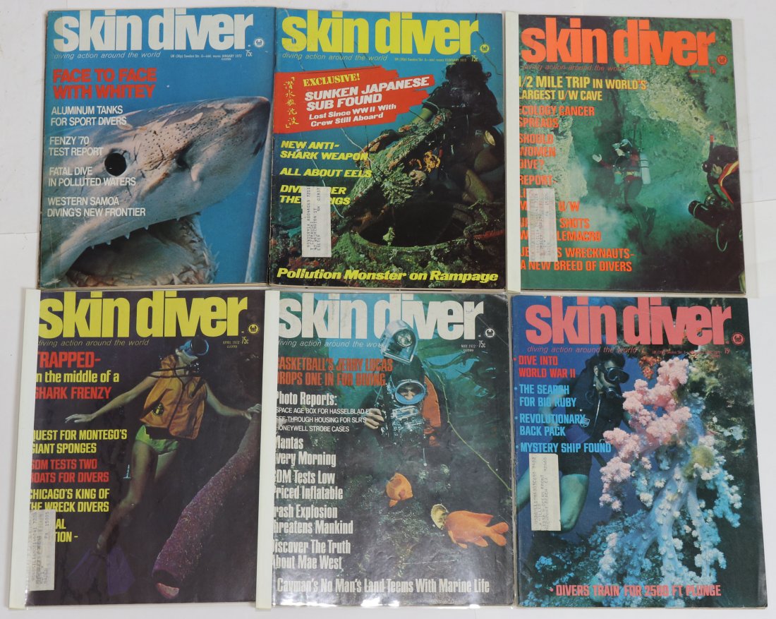 Entire Year of 1972 Skin Diver Magazines: Entire year of 1972 run of the classic Skin Diver magazine. This year and others in the auction from a long-time collection. It should be assumed all covers and interior page have signs of wear & age.