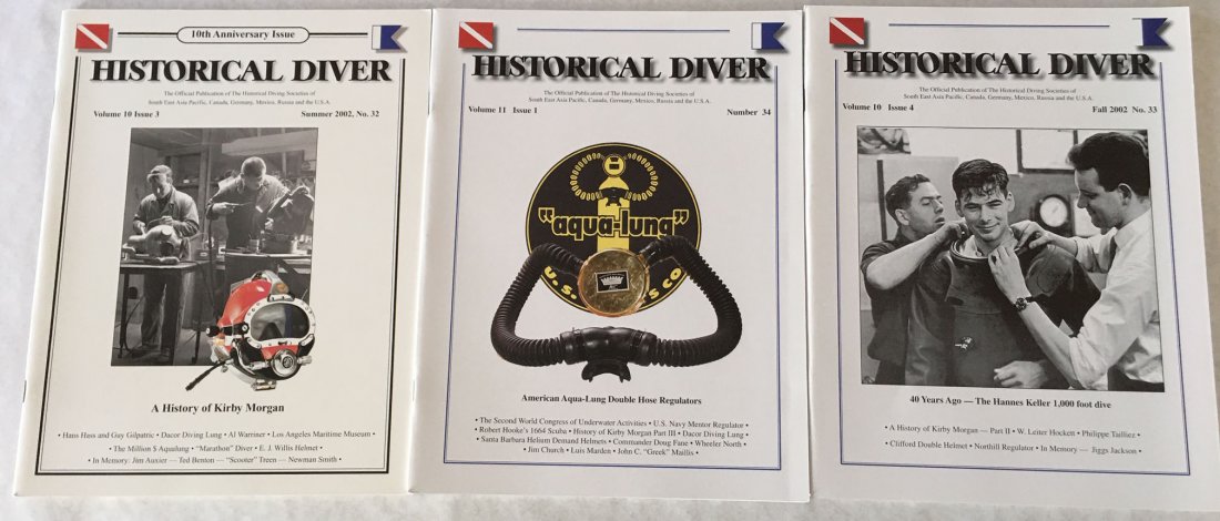 History of Kirby Morgan 3 Issues of Historical Diver: A History of Kirby Morgan, By Bob Kirby, Bev Morgan and Leslie Leaney. Three black and white HDS USA member magazines with color covers, covering all the helmets and mask models the company had made u