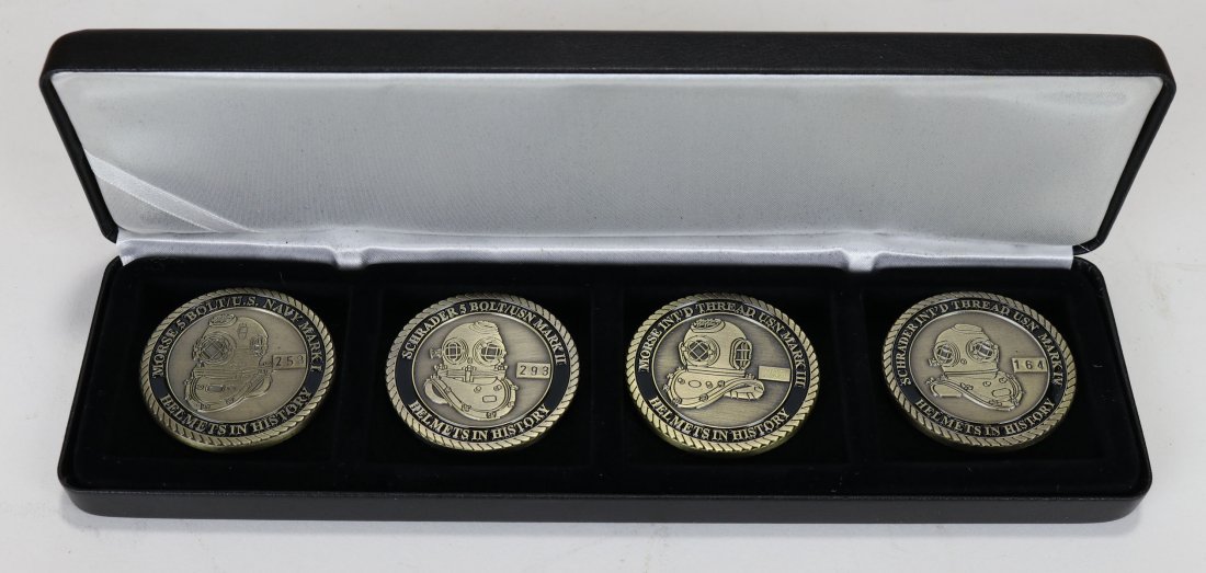 HDS Challenge Coin Set Navy Mark I, II, III, IV Helmets: Helmets In History challenge coin set of 4 in leather display case. This serial numbered set features the famed US Navy Mark I, Mark II, Mark III and Mark IV diving helmets. Coins measure 1.75 inch in