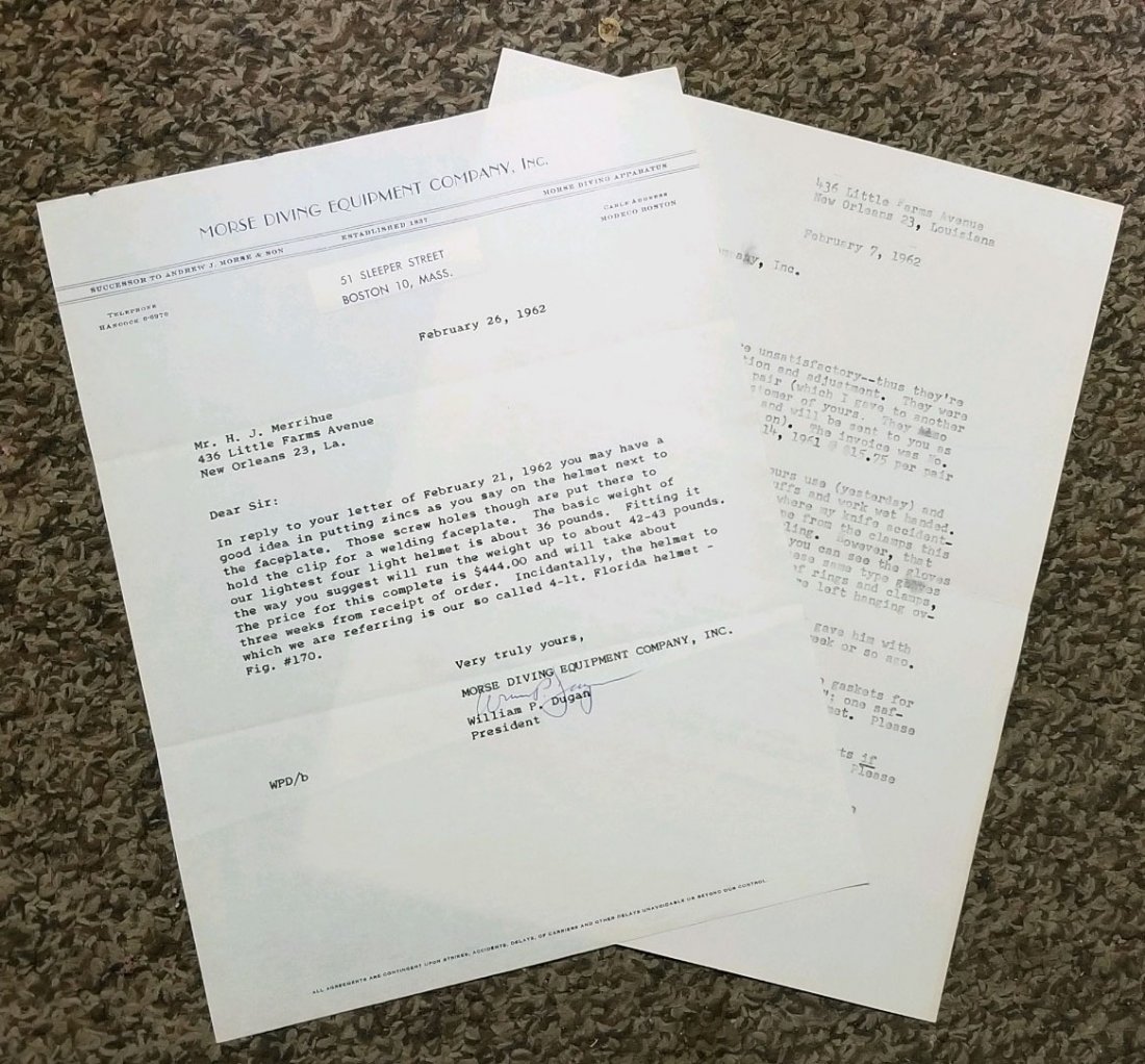 2 Morse Diving Letters Regarding Helmets & Parts: 2 letters dated to 1962. One letter is on Morse Diving Equipment Company Inc letterhead dated February 26th, 1962. This letter has some interesting content about using the welding lens clip holes on a