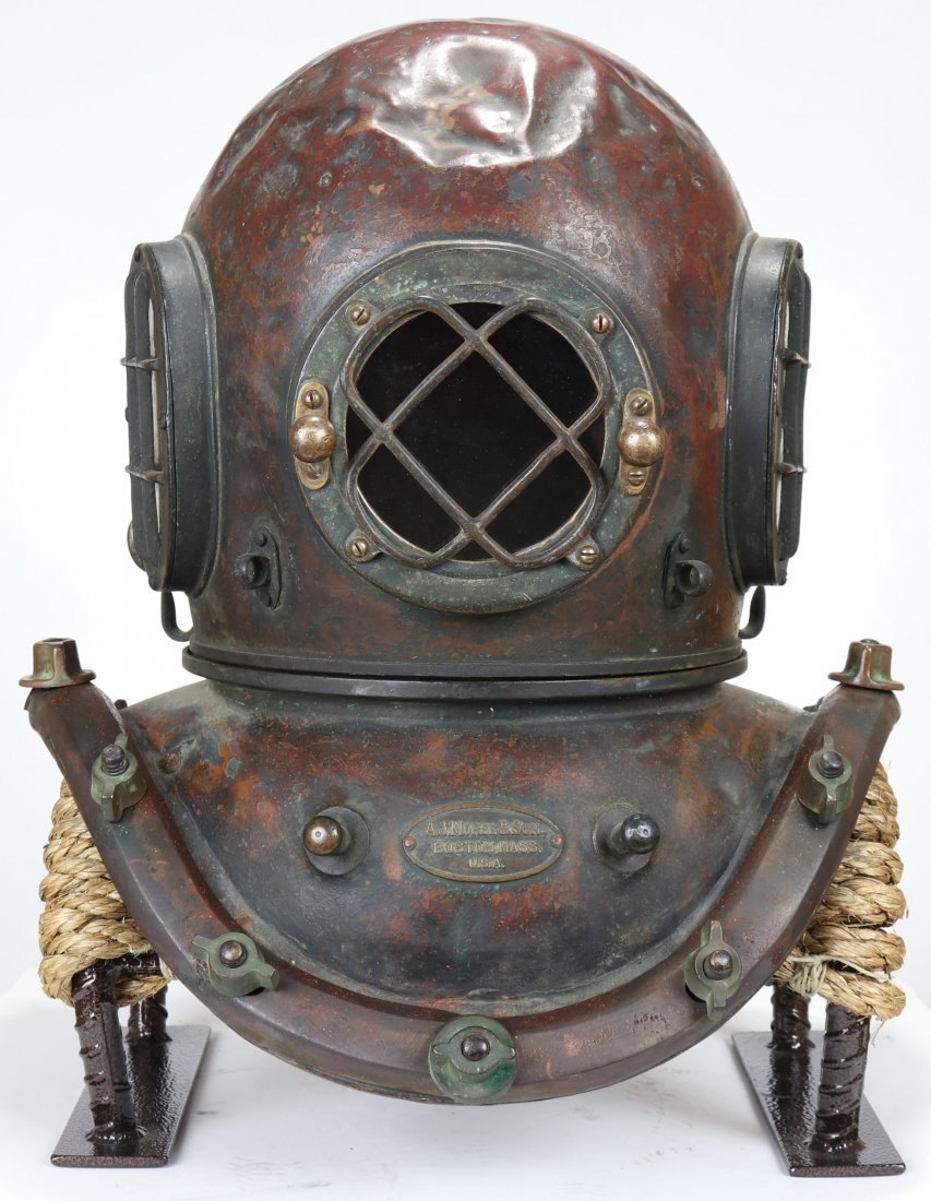 Rare 19th Century A.J. Morse Antique Diving Helmet: Beautiful A.J. Morse & Son 3 light 12 bolt diving helmet circa 1899. When one thinks of an antique diving helmet from America, this helmet is the quintessential image that comes to mind. The helmet do