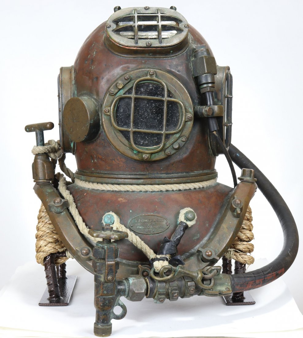 AJ Morse Diving Helmet Circa 1908 w/ History & More!: Very impressive all original 110% complete A.J. Morse diving helmet and related equipment! We say 110% because this helmet is accompanied by original components that have been attached to it for many 
