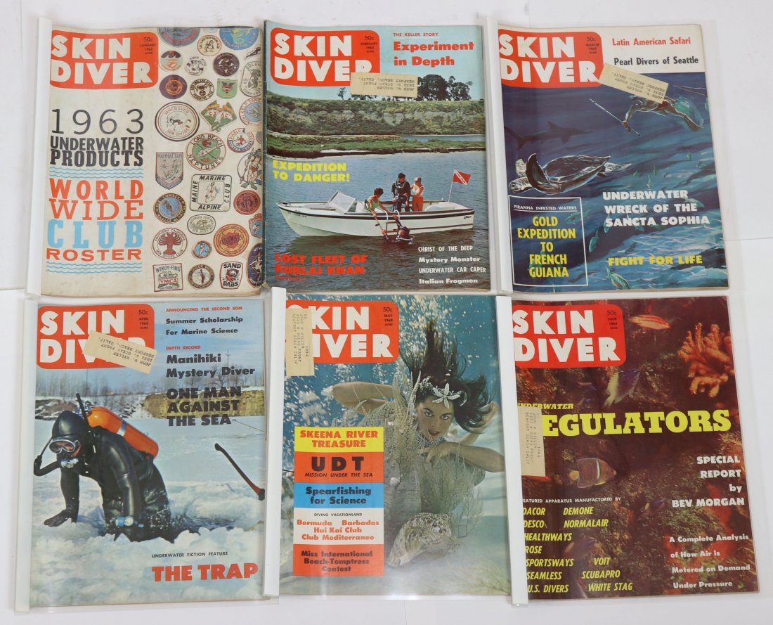Entire Year of 1963 Skin Diver Magazines: Entire year of 1963 run of the classic Skin Diver magazine. This year and others in the auction from a long-time collection. It should be assumed all covers and interior page have signs of wear & age.