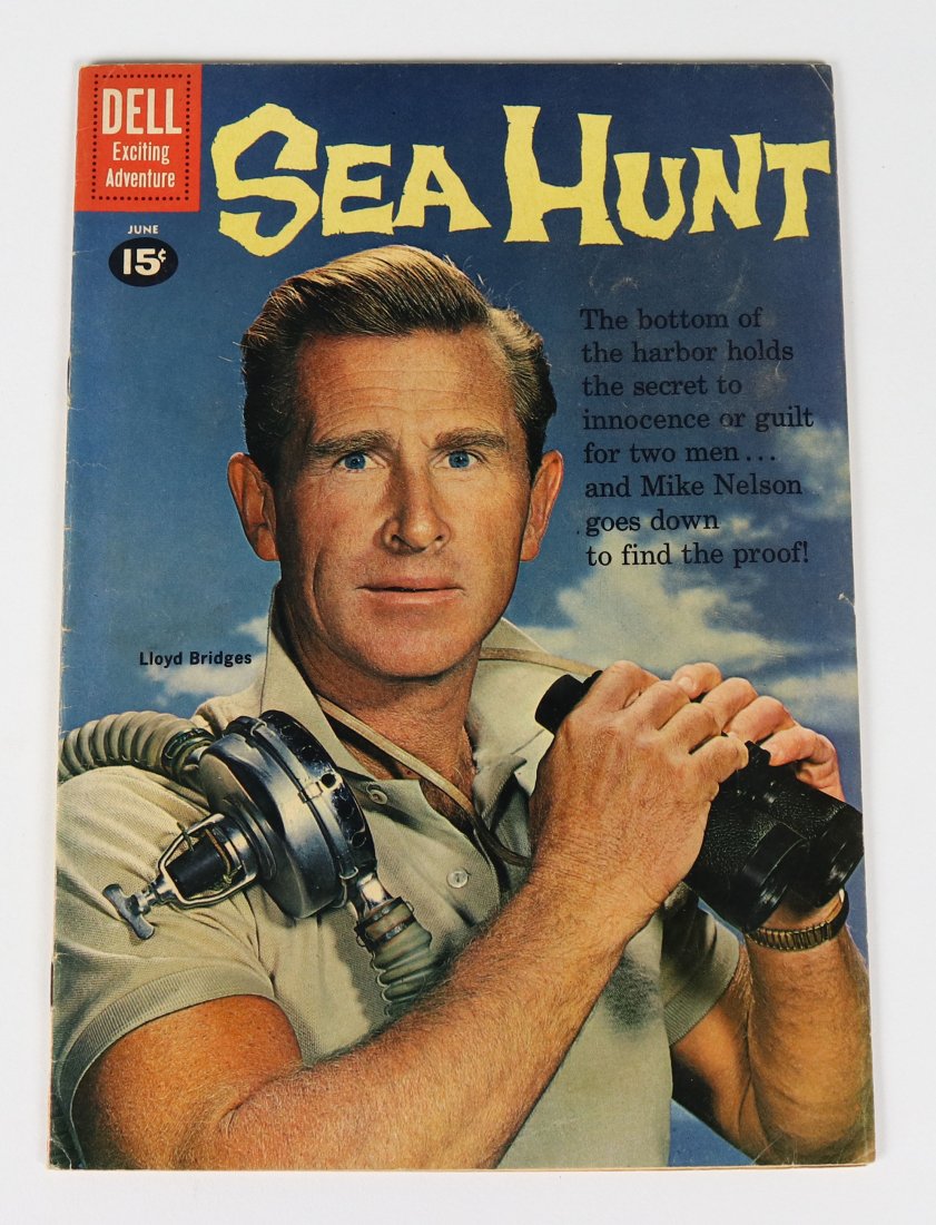 Sea Hunt Lloyd Bridges Dell Comic 1961: Great cover on this Sea Hunt Dell TV Adventure comic from the June 1961 issue. The bottom of the harbor holds the secret to innocence or guilt for two men and Mike Nelson goes down to find the proof! 