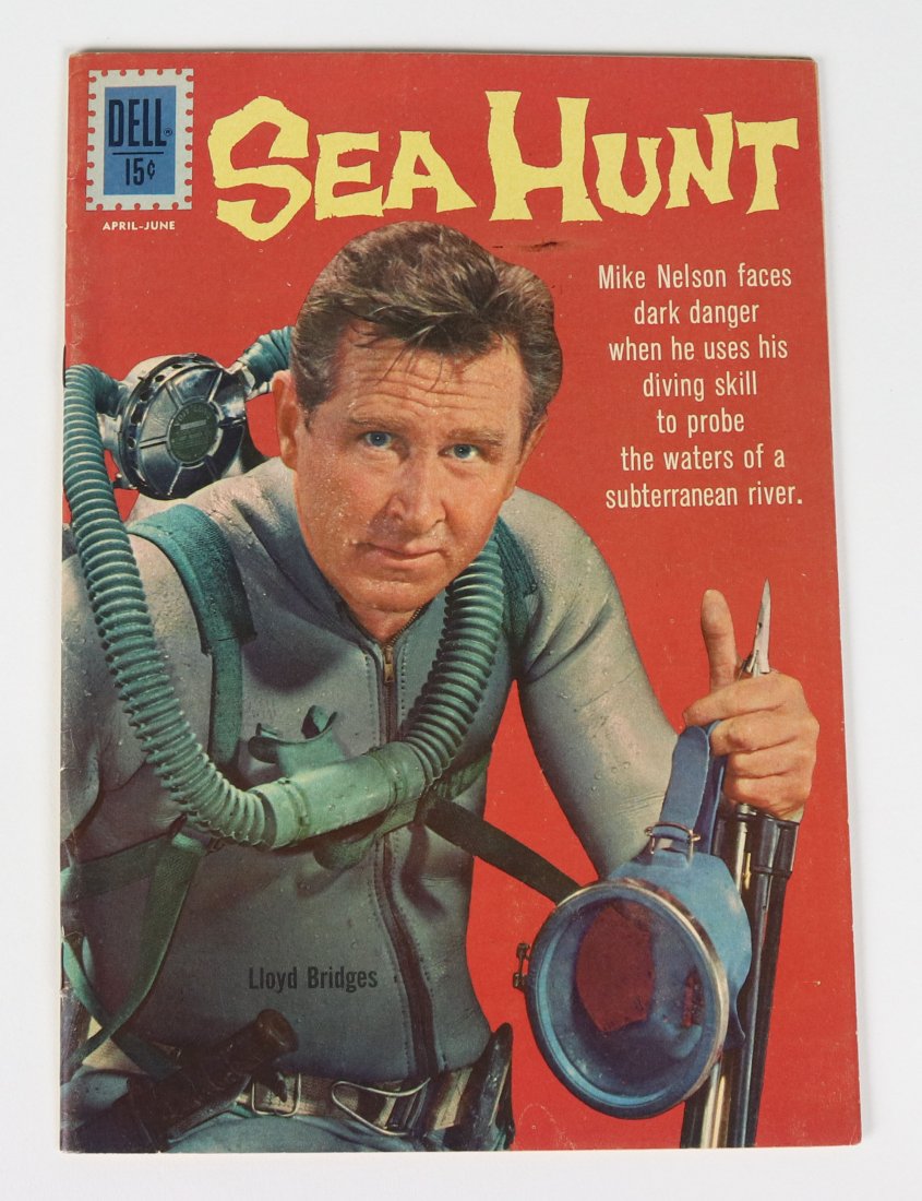 Sea Hunt Lloyd Bridges Dell Comic 1962: Iconic cover on this Sea Hunt Dell TV Adventure comic from the April - June 1962 issue. Mike Nelson faces dark danger when he uses his diving skill to probe the waters of a subterranean river! Overall