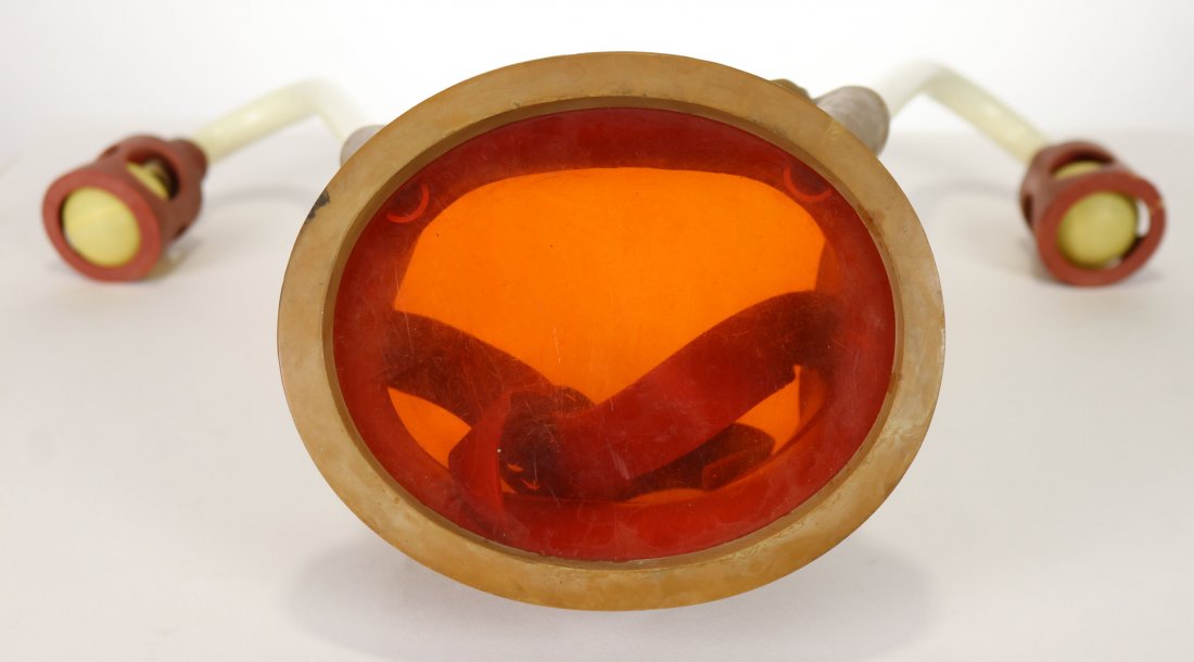 Vintage Twin Snorkel Tube Diving Mask: Wonderful vintage 1950s diving mask with the twin snorkel tubes! Rubber is in fair to good condition. Unique orange color to window, which measures 6.5 inches wide and 5.5 inches tall. Great piece is 