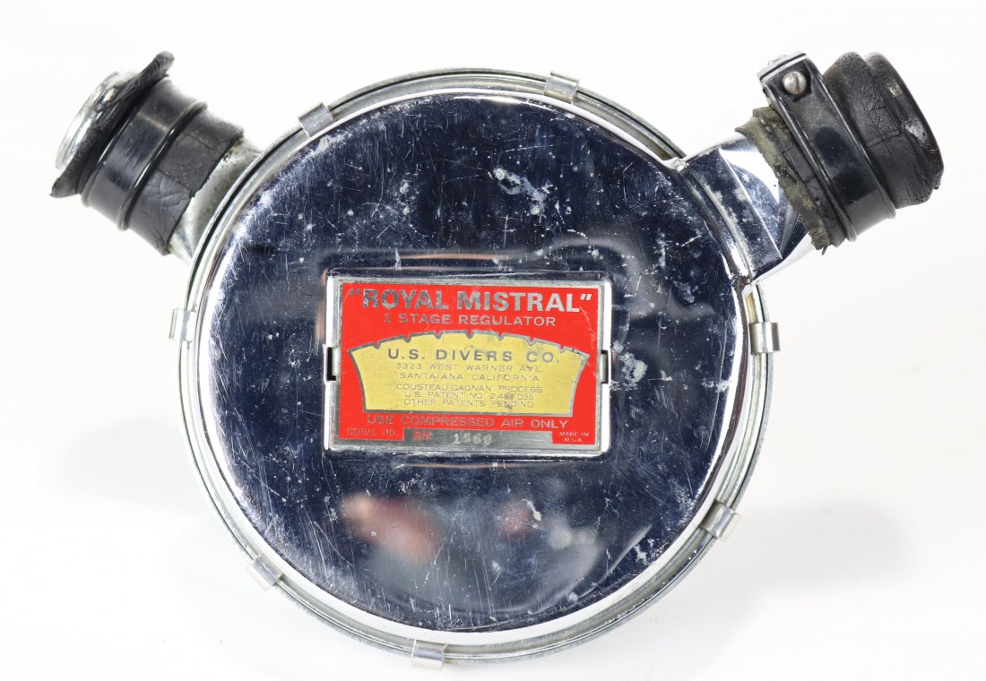USD Royal Mistral 1 Stage Double Hose Regulator: U.S. Divers Company Royal Mistral 1 stage regulator. This piece dates to the mid 1960s. Warner Avenue tag. Condition of the rubber hose and mouthpiece can be seen in photos. Unit is untested and being