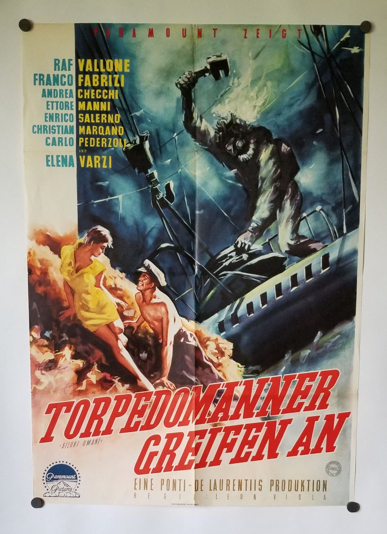 Human Torpedoes 1954 German Movie Poster: Full color German poster for Paramount’s 1954 Human Torpedoes. Siluri Umani. Very small hole at top center fold. Minor edge wear. 23 ½ x 33 inches.
