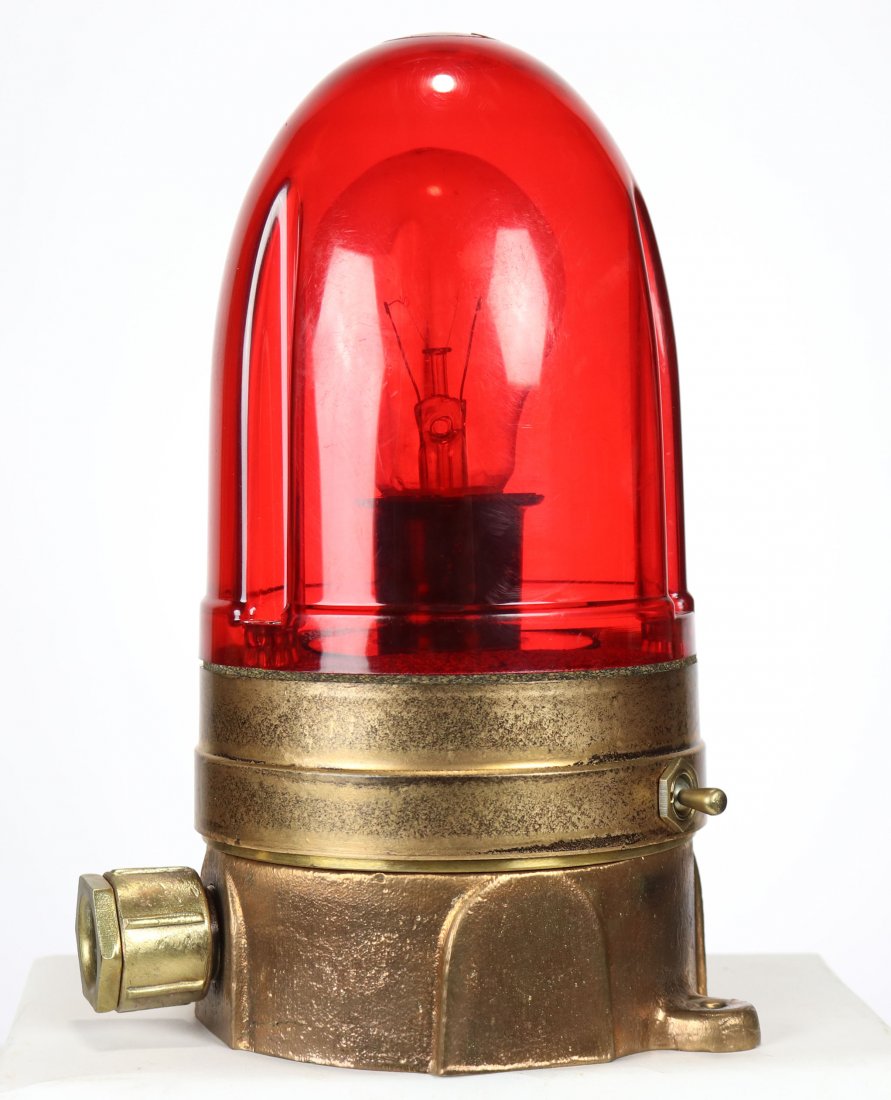 Vintage Ships Passageway Brass Red Light: Very nice lighter weight ships passageway or bulkhead light with red lens. Mounting base made of brass, center body heavy plastic, red lens plastic. Measures 9 inches tall, brass base 4.5 inches wide.