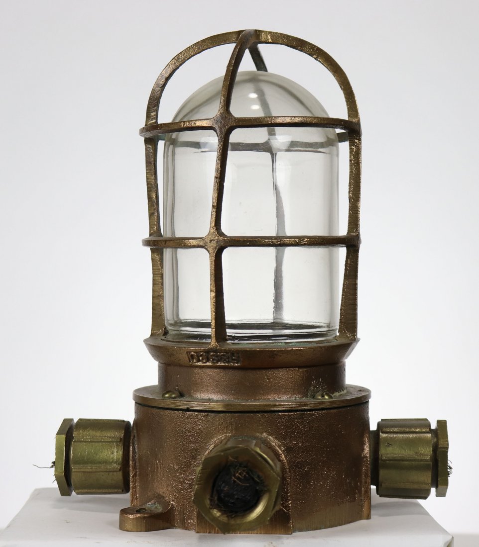 Submarine Explosion Proof Bronze Light: Very heavy and impressive bronze interior light used in WWII era submarines. The bronze base is an explosion proof style with three cable outlet fittings. The glass jar is very heavy and in good condi