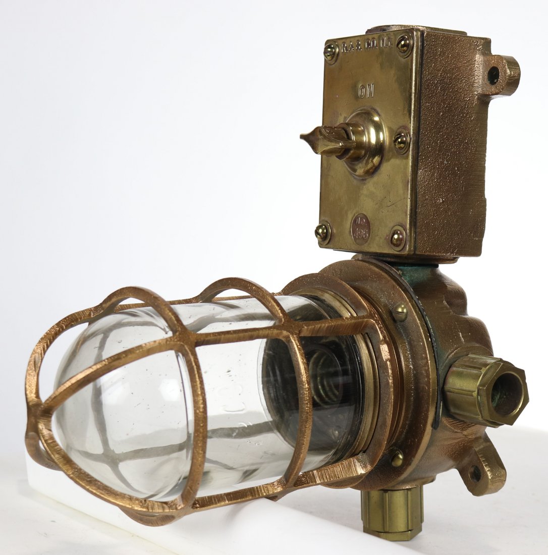 Submarine Explosion Proof Light & Switch: Very heavy and impressive bronze interior light with original on / off switch used in WWII era submarines. The bronze base is an explosion proof style with three cable outlet fittings. One fitting has