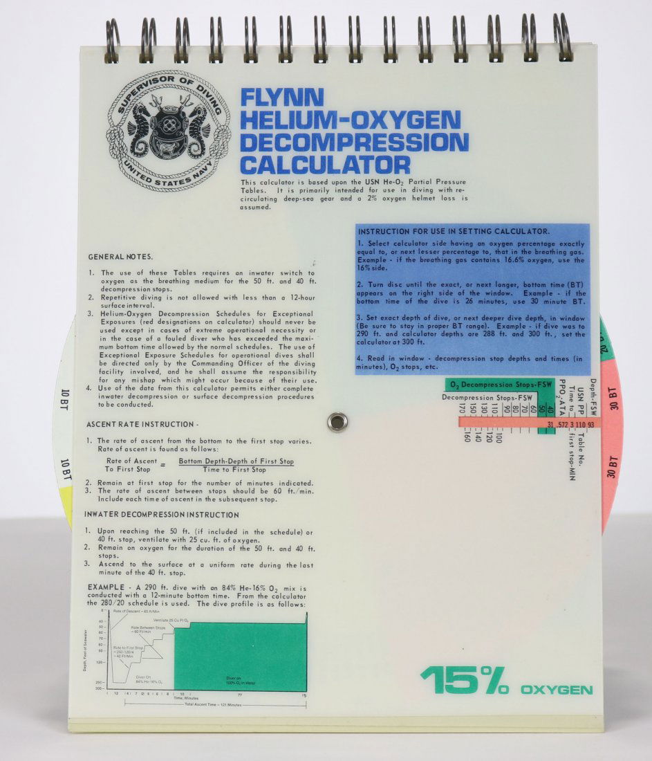 Flynn Helium-Oxygen Decompression Calculator: Like new US Navy Flynn helium-oxygen decompression calculator. Based upon the USN He-O2 partial pressure tables. Flip-up binder style has a calculator page for oxygen levels of 15% up to 22%. 8x10 inc