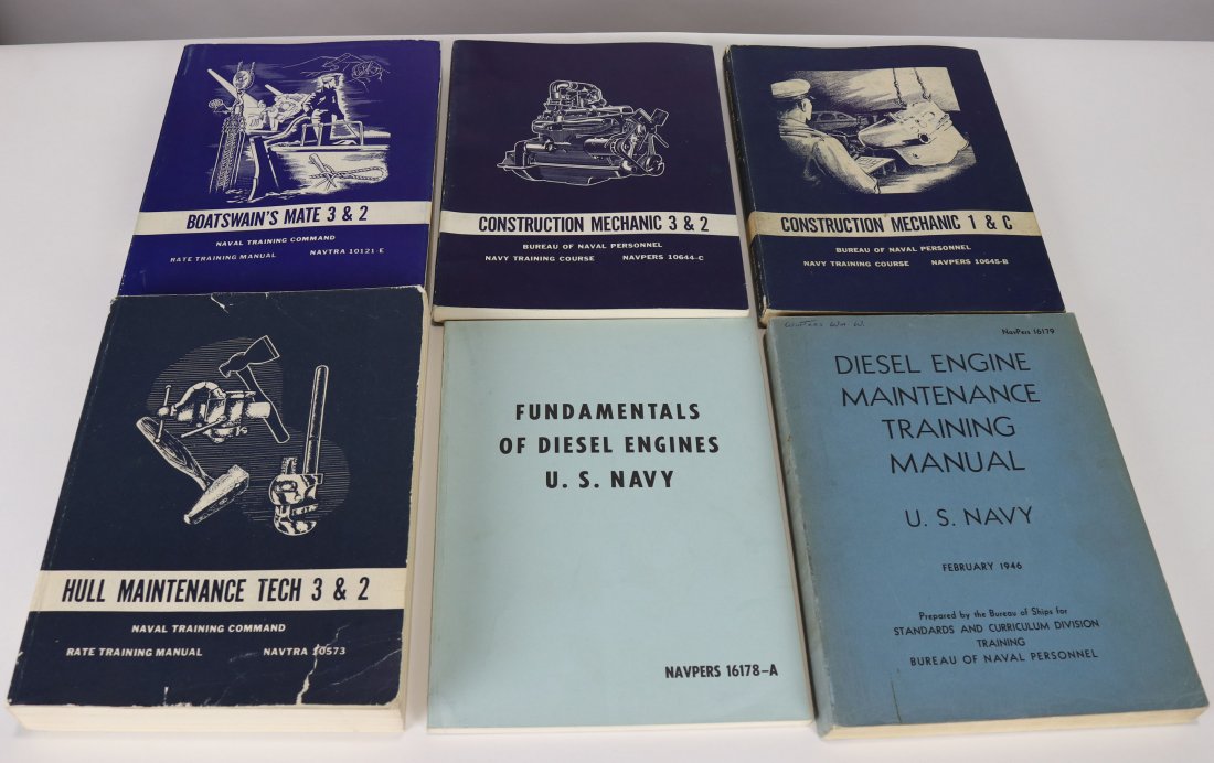 6 USN Manuals Mechanic, Boatswains Mate & More: 6 USN manuals. Boatswain’s Mate 3 & 2 from 1972, Construction Mechanic 1 & C from 1961, Construction Mechanic 3 & 2 from 1972, Hull Maintenance Tech 3 & 2 from 1972, Fundamentals of Diesel Engines 1