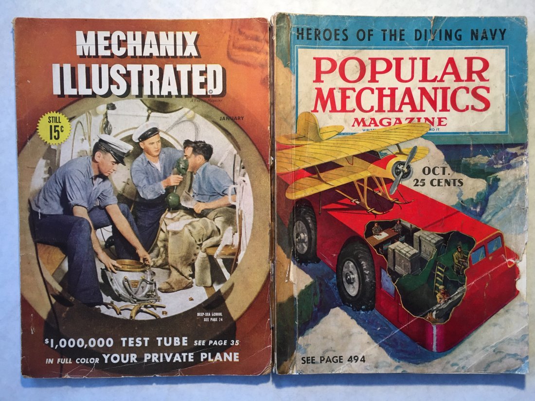 1939 & 1946 United States Navy Diving Articles: DEEP SEA DIVING SCHOOL color two page cover story in January 1946 Mechanix Illustrated. Shows USN Mark V Helium helmet. Magazine is in very good condition. HEROES OF THE DIVING NAVY cover banner artic