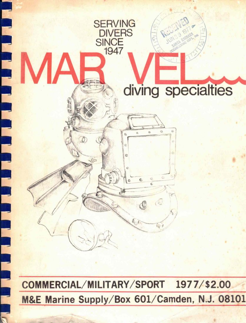 MAR VEL 1977 Diving Helmet Catalog 180+ Pages: Spiral bound 180 + page catalog with USN Mark V, Morse Commercial, Advanced/Swindell, DESCO, Ben Miller, US Divers COM, DIVEX, General Aquadyne, helmets and Kirby Morgan, USN Mark MK1, DESCO, Aquadyne