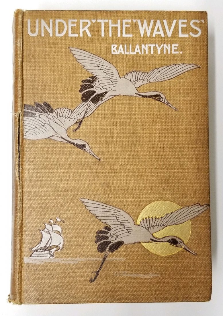 Antique book Under The Waves Diving In Deep Waters 1876: By R.M. Ballantyne, and published in 1876. This copy stated as Nineteenth Thousand by James Nesbit & Co. of London. Hard bound with small split at front spine, longer split at back of spine, and frayi
