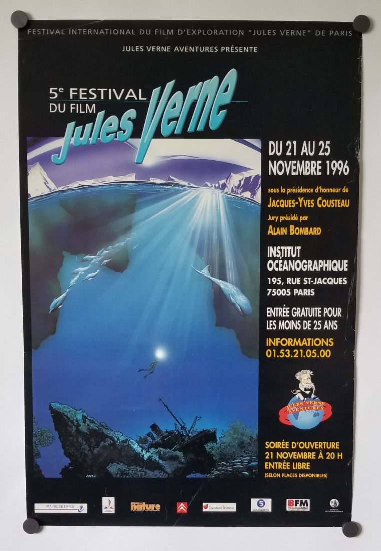 5th International Jules Verne Film Festival Poster: 5th International Jules Verne Film Festival, CousteauOriginal 1996 Paris International Jules Verne Film Festival poster. Jacques Cousteau President of Honor. 15 ½ x 23 ½. Slight wear to right edge. 