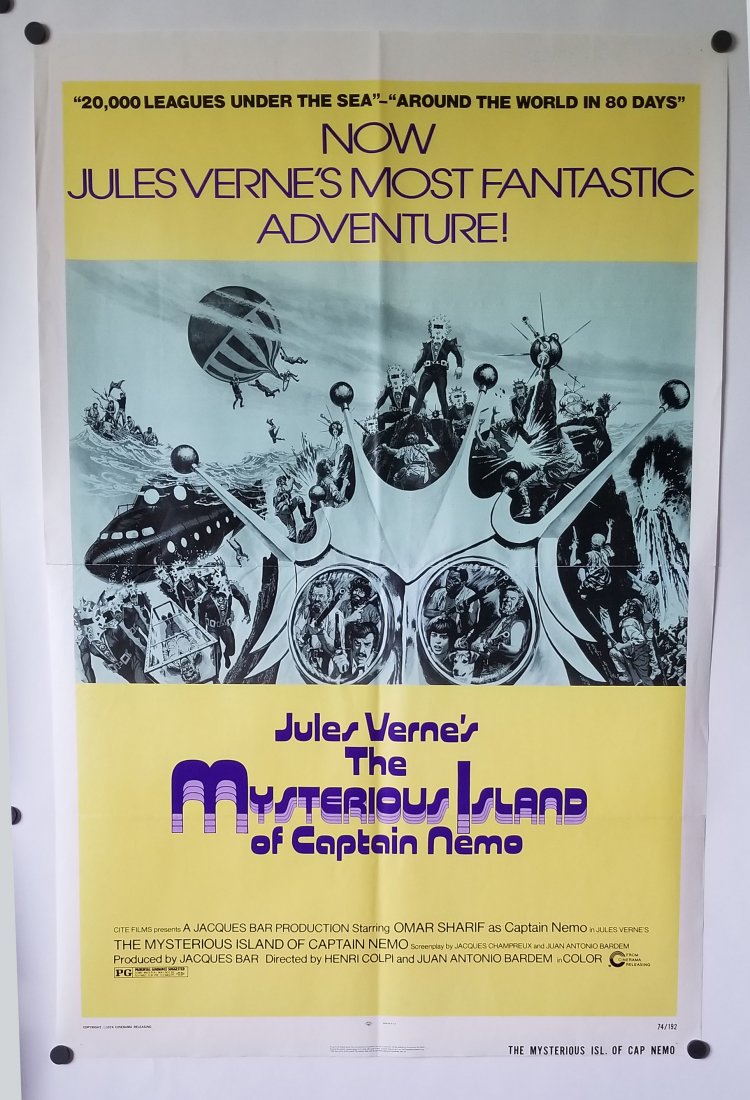 Mysterious Island of Captain Nemo 1 Sheet Movie Poster: Jules Verne’s The Mysterious Island of Captain Nemo 1 sheet size movie poster from 1974. As new condition. 27x41 inches.