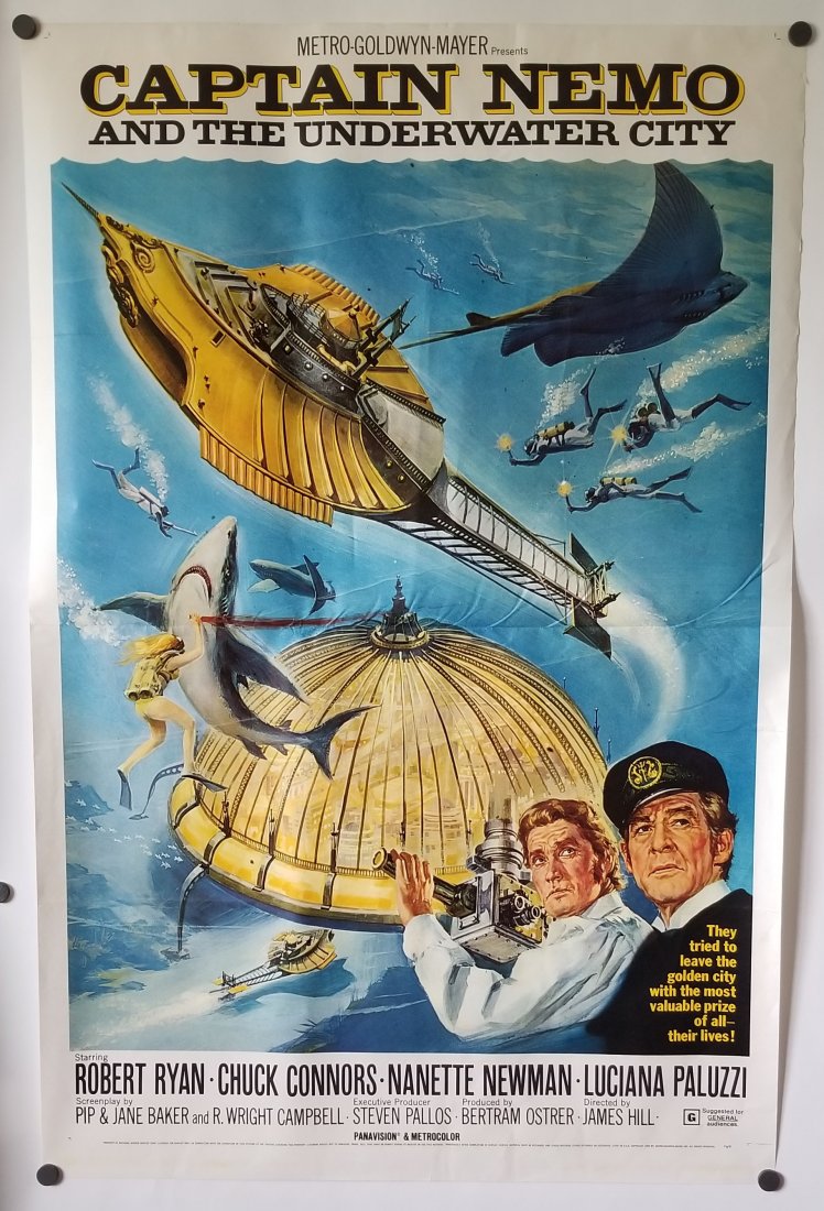 Captain Nemo & The Underwater City Movie Poster: Captain Nemo And The Underwater city 1 sheet size movie poster from 1970. Very minor edge wear, otherwise like new. 27x41 inches.