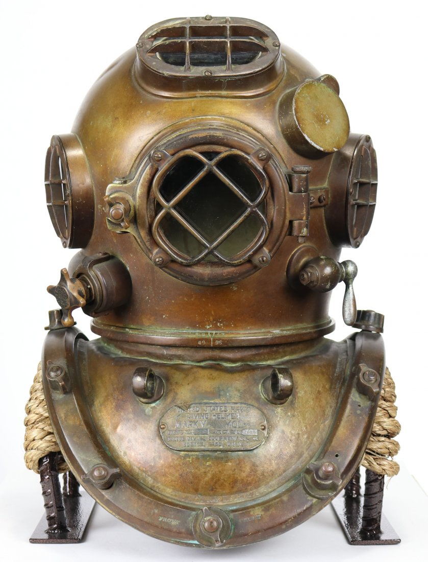 World War 2 US Navy Morse Mark V Diving Helmet: Arguably the most popular and iconic diving helmet ever made is the US Navy Mark V. This authentic Mark V was made during February 1944 by the Morse Diving Equipment Company in Boston, MA. This exampl