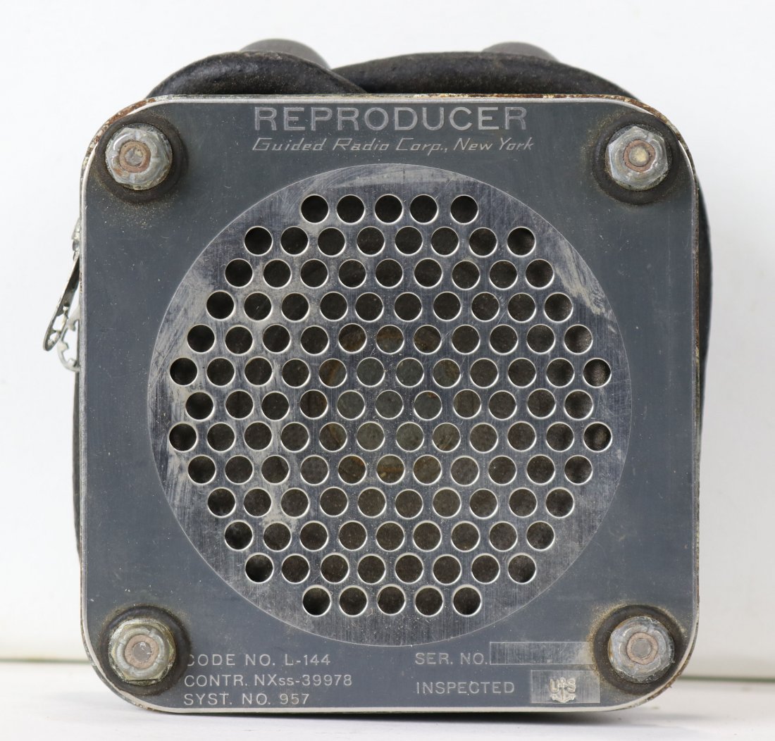 WWII Mark V Helmet Reproducer Speaker w/ Navy Stamp: Incredible new old stock Mark V diving helmet reproducer made by Guided Radio Corporation. Also known as a speaker, these mounted into the transceiver or communications cup on the bonnet of the helmet